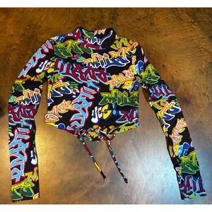 Just Polly New York Graffiti Print Long‎ Sleeve Crop Top Festival Rave